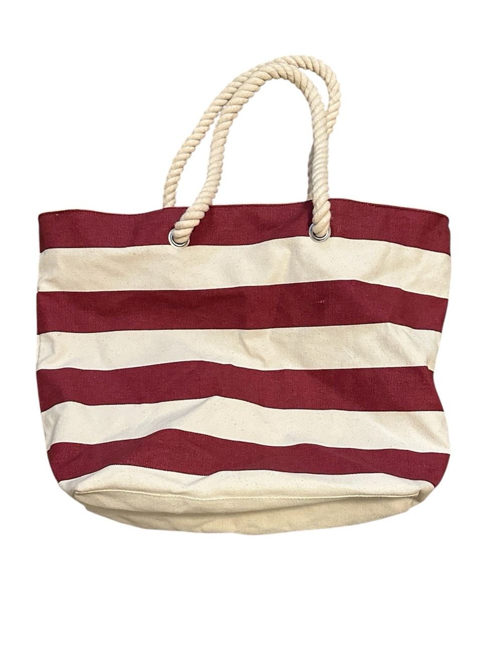 Bass Canvas Striped Red and Cream Rope-Handle Zippered Tote Bag